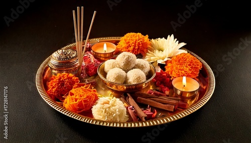 A puja thali with offerings including sweets, flowers, diyas, incense sticks, and spices, us.jpg