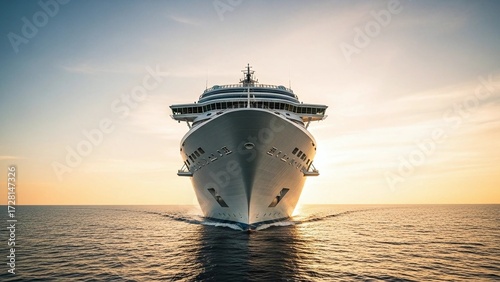 Cruise ship sailing on the ocean at sunset, front view.