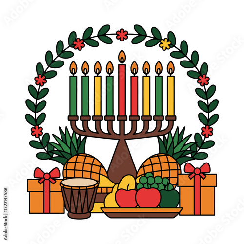 Kwanzaa Celebration Candles Fruits and Gifts Illustration