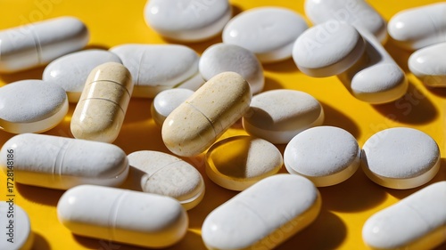 Assorted White and Cream Pills on Yellow Background