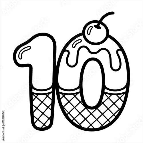 Number 10 Ice Cream Coloring Page for Kids Printable Vector Illustration, Cute Number Ten Dessert Theme Coloring Book Page for Children Vector, Educational Number 10 Ice Cream Cone Outline Drawing.