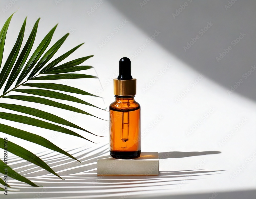 Fototapeta premium Amber dropper bottle with palm leaf shadow on white background