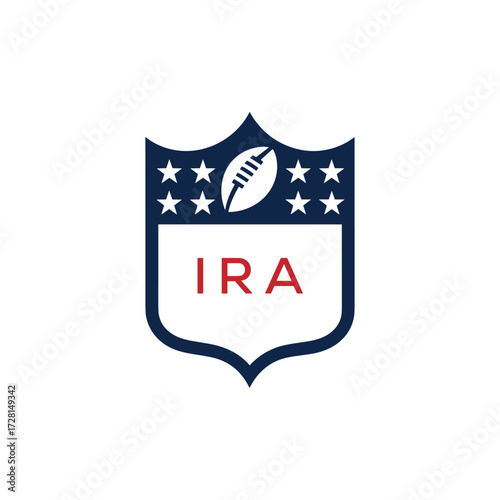 IRA American Football Logo Design. IRA Modern Sports Shield Emblem with Stars and Ball for Football Club IRA Tournament and Team Branding.
