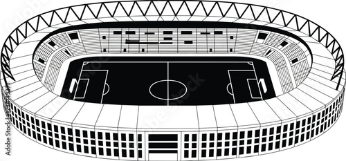 Modern football stadium vector, black and white soccer arena design, top view field layout, sports architecture, digital illustration