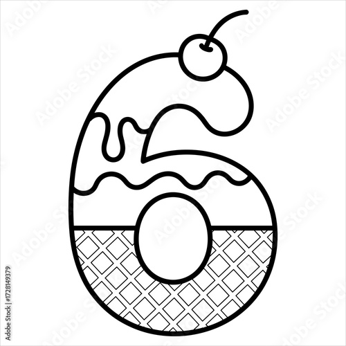 Number 6 Ice Cream Coloring Page Vector for Kids, Cute Number Six Dessert Style Printable Coloring Illustration, Educational Number 6 Ice Cream Cone Coloring Book Page Vector.