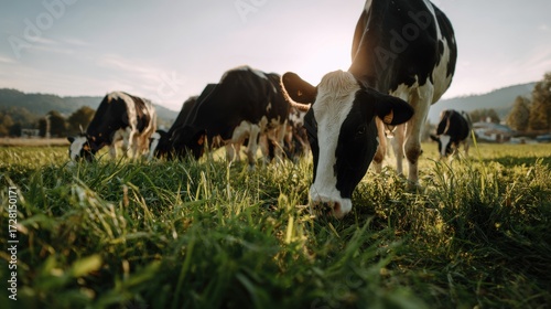 Group of dairy cows grazing in lush green pasture