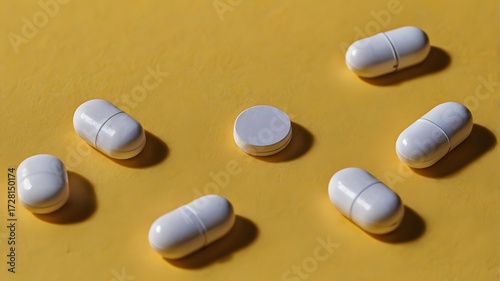 Assorted White and Cream Pills on Yellow Background