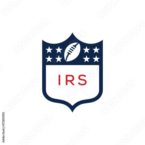 IRS American Football Logo Design. IRS Modern Sports Shield Emblem with Stars and Ball for Football Club IRS Tournament and Team Branding.
