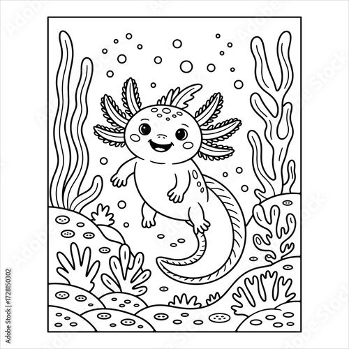 Cute Axolotl Coloring Page, Cartoon Underwater Animal Illustration Black and White Vector, Printable Axolotl Coloring Book Page, Fun Sea Creature Kids Activity Line Art Vector.