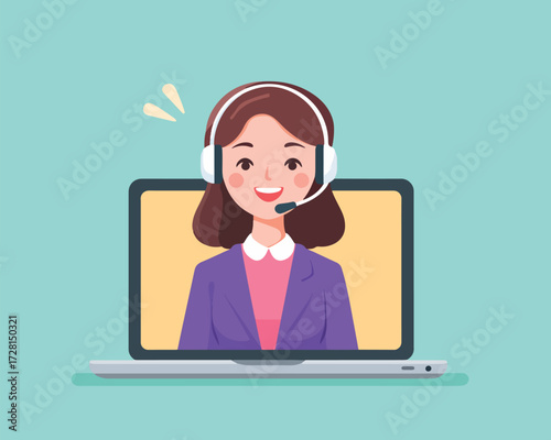 헤드셋을 쓰고 노트북 화면에서 미소를 짓는 여성 상담원의 벡터 일러스트레이션은 고객 서비스 지원의 따뜻함을 보여줍니다.