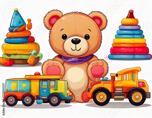 Collection of colorful childrens toys including a teddy bear, truck, train, bucket, and stac.jpg