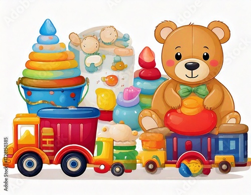 Collection of colorful childrens toys including a teddy bear, truck, train, bucket, and stac.jpg