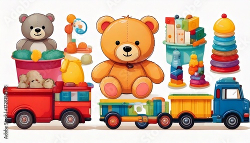 Collection of colorful childrens toys including a teddy bear, truck, train, bucket, and stac.jpg