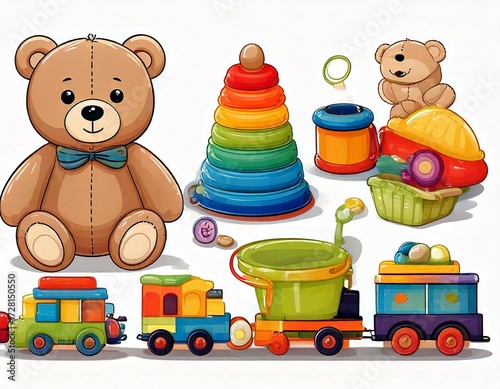 Collection of colorful childrens toys including a teddy bear, truck, train, bucket, and stac.jpg