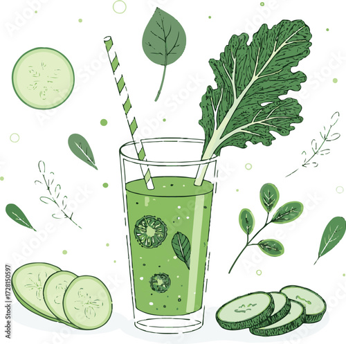 Vector illustration of a fresh cucumber cocktail with mint and lime