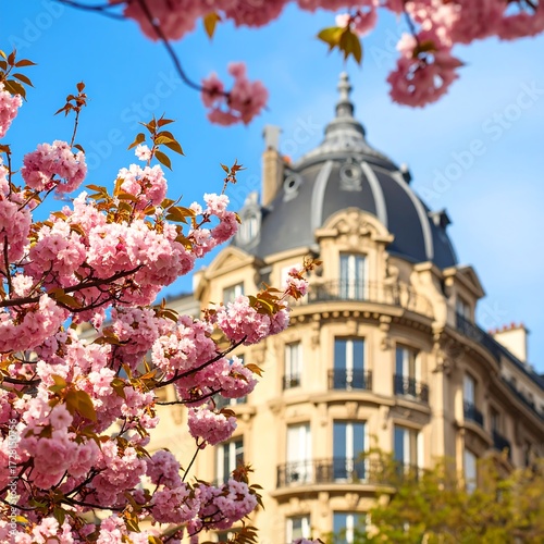 Pink cherry blossoms in front of a Parisian building