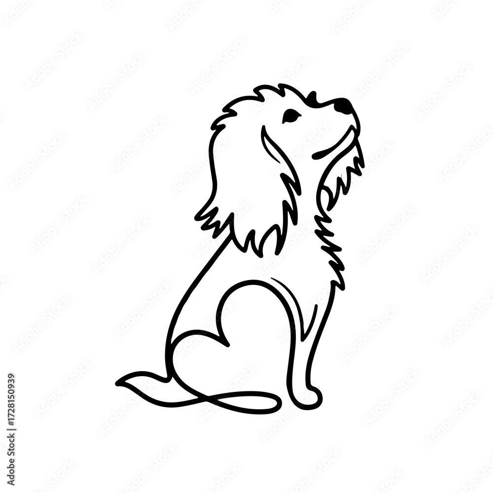 Fototapeta premium A silhouette of a dog with heart shape in one line art. Minimalist puppy tattoo.