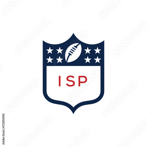 ISP American Football Logo Design. ISP Modern Sports Shield Emblem with Stars and Ball for Football Club ISP Tournament and Team Branding.
