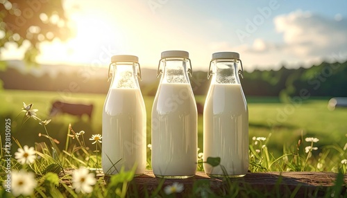 Three Glass Milk Bottles on Wood Plank with Golden Sunset Glow in Rural Landscape