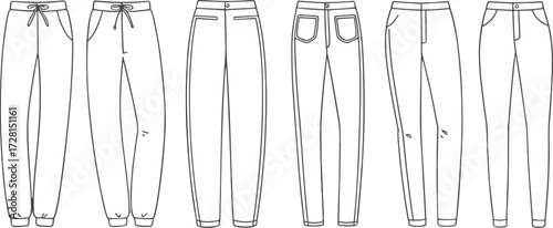 Pants fashion flat sketch, joggers and trousers vector template, front and back clothing outline, fashion design technical drawing illustration
