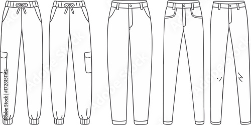 Pants fashion flat sketch, joggers and cargo trousers vector template, front and back clothing outline, fashion design technical drawing illustration