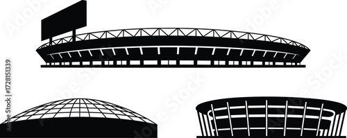 Set of modern stadium silhouettes, vector sports arena icons, black and white architectural illustration for logo, branding, infographics, or presentation