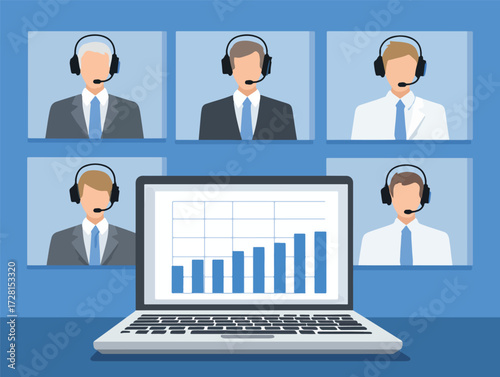 다양한 전문가들이 온라인 화상 회의를 통해 원격으로 소통하며, 노트북 화면에 표시된 성장 그래프를 바탕으로 효율적인 비즈니스 협업을 진행하는 현대적인 장면을 묘사한 벡터 일러스트레이션.