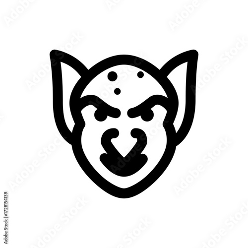 A simple black and white drawing of a goblin face with pointy ears and an angry expression on a white background