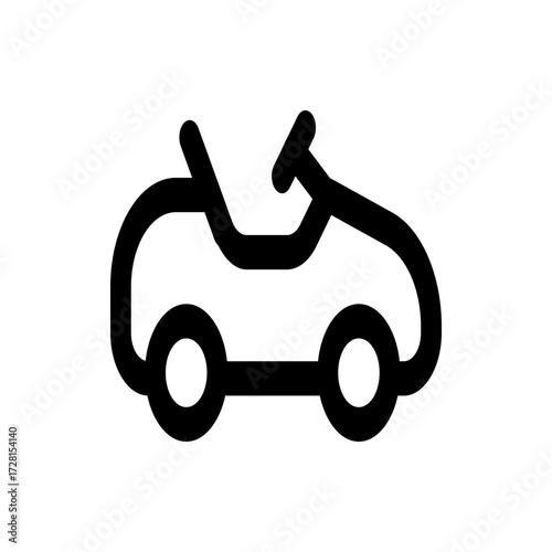 A simple black and white line drawing of a golf cart with a steering wheel and two visible wheels icon