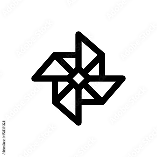 A simple black and white line drawing of a geometric pinwheel design with a square center detail art