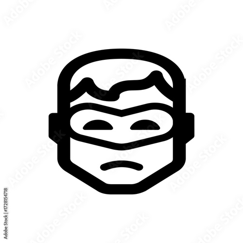 A stylized black and white illustration of a person wearing a mask with a sad or serious expression