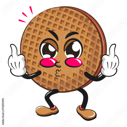 funny stroopwafel mascot character cute round waffle vector illustration raising two middle finger, work of hand drawn