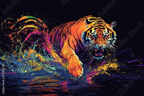 Vibrant tiger leaping through splashes of color
