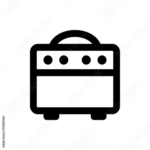 A simple black and white graphic illustration of a guitar amplifier with a handle and circular knobs