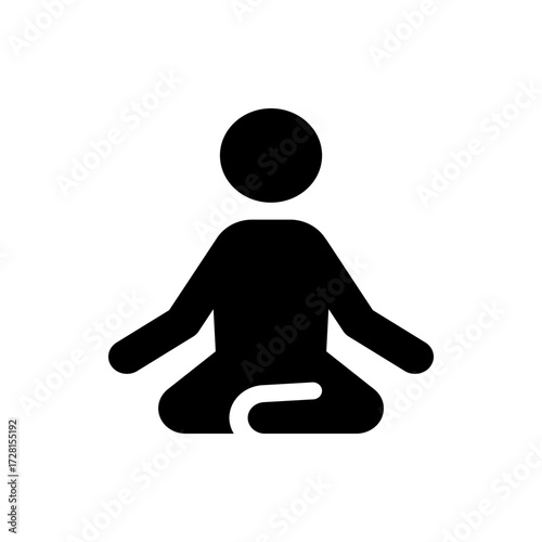 A simple black silhouette of a person meditating in a lotus position on a white background in a minimalist style