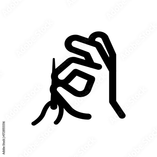 A stylized illustration of a hand holding a needle and thread in a sewing or embroidery motion depicted clearly