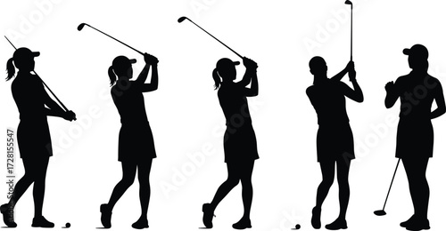 Silhouette of female golfer practicing golf swing sequence, women sports training, professional golf athlete, outdoor activity, healthy lifestyle, competitive sport