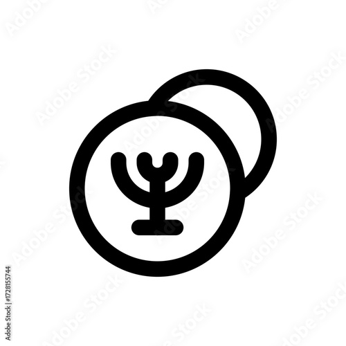 A simple black and white icon featuring a menorah inside a circle with another circle overlapping it