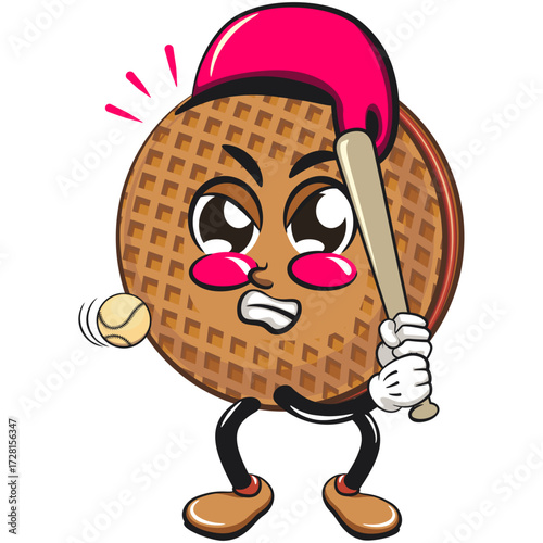 funny stroopwafel mascot character cute round waffle vector illustration playing baseball ready to hit the ball with the bat, work of hand drawn