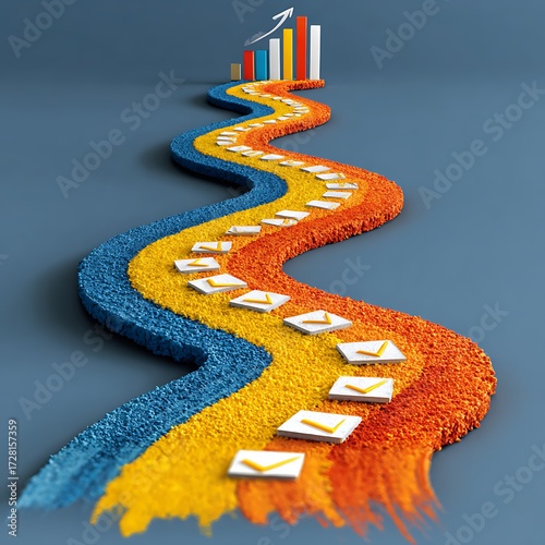 Business growth path chart success strategy roadmap progress steps financial achievement 3d render