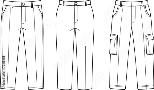 Vector fashion illustration of pants styles, flat sketch technical drawing of trousers, casual pants, cargo pants, clothing design for apparel industry