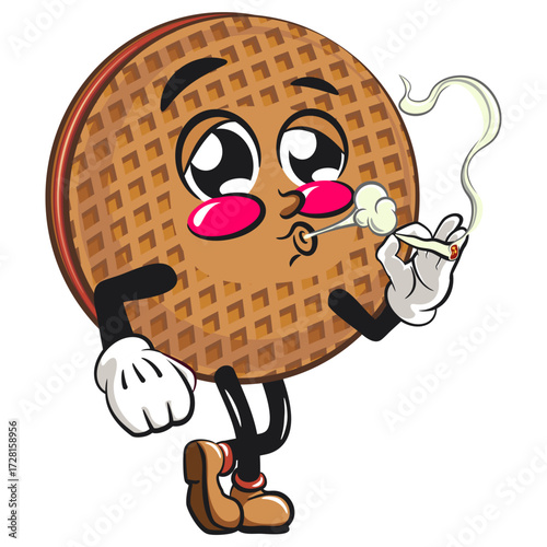 funny stroopwafel mascot character cute round waffle vector illustration smoke calmly, work of hand drawn