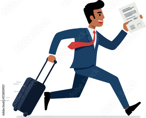 Businessman running with luggage and documents late for flight travel concept.