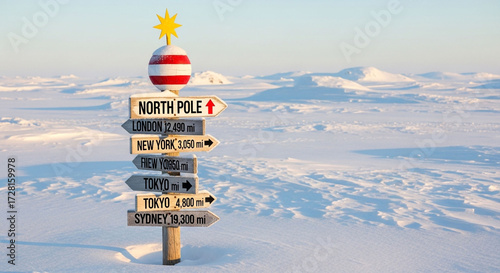 Signpost at the geographic north pole with directions to various cities around the world on a snowy landscape under a clear sky on a sunny day