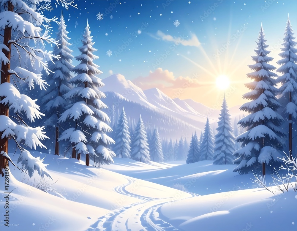 Naklejka premium Snowy winter landscape with fir trees and mountains