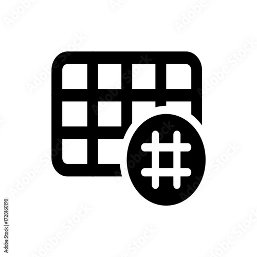 Black and white illustration of a grid pattern with a hashtag symbol in a circle on the right side