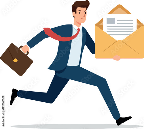Businessman rushing with briefcase and envelope delivering important documents.