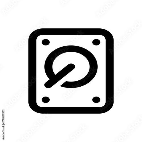 Illustration of a hard drive with a circular platter and actuator arm inside a rectangular casing design