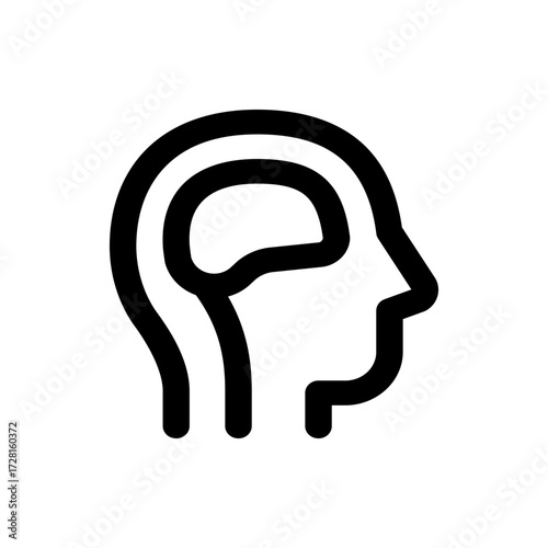 Outline drawing of a human head in profile with the brain visible inside the head in black and white style