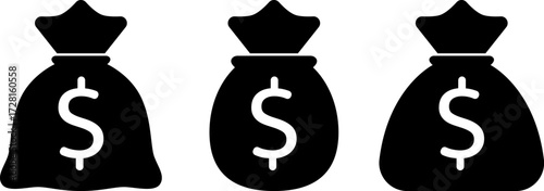 Black money bag vector icons with dollar symbol